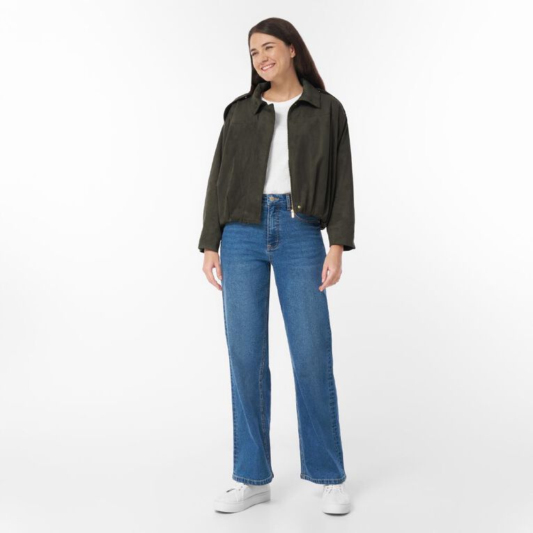 H&H Women's Suede Pleated Bomber Jacket, Green Dark, hi-res