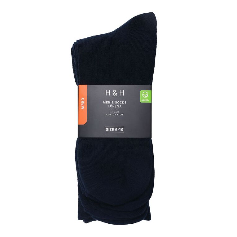 H&H Men's Plain Crew Socks 5 Pack, Navy, hi-res