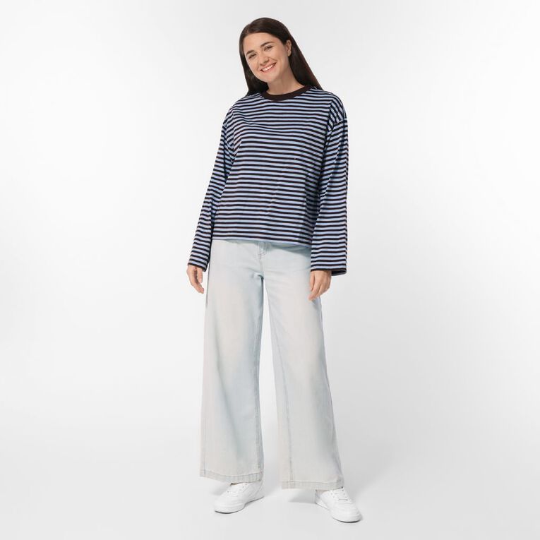 H&H Women's Long Sleeve Boxy Stripe Crew Neck Tee, Blue Mid, hi-res