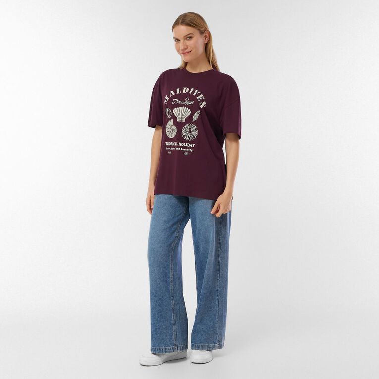 H&H Women's Short Sleeve Boyfriend Graphic Tee, Purple Dark, hi-res