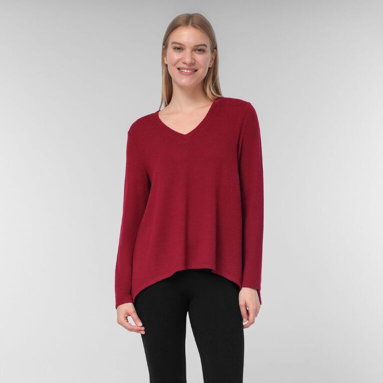 H&H Women's Long Sleeve Brushed V-Neck Swing Top, Red Dark, hi-res