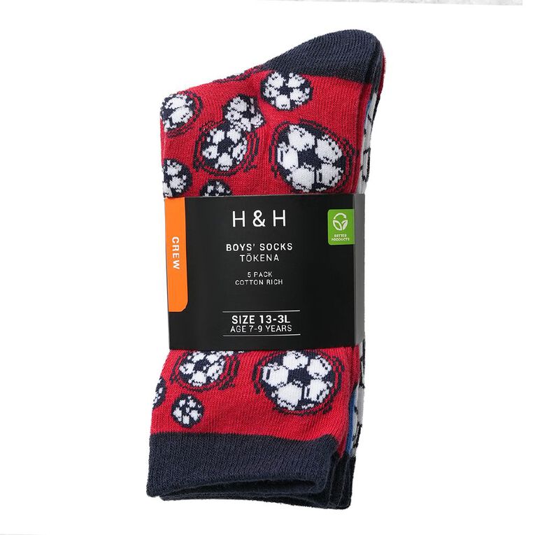 H&H Boys' Crew Jacquard Socks 5 Pack, Red Mid, hi-res