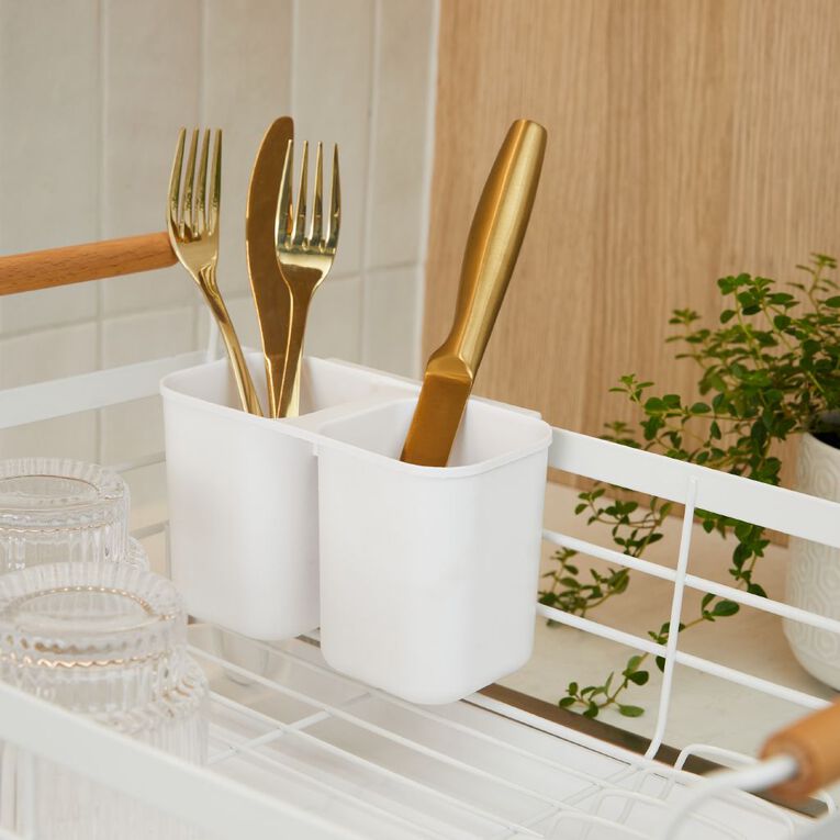 Living & Co Dish Rack with Wooden Handles White, , hi-res