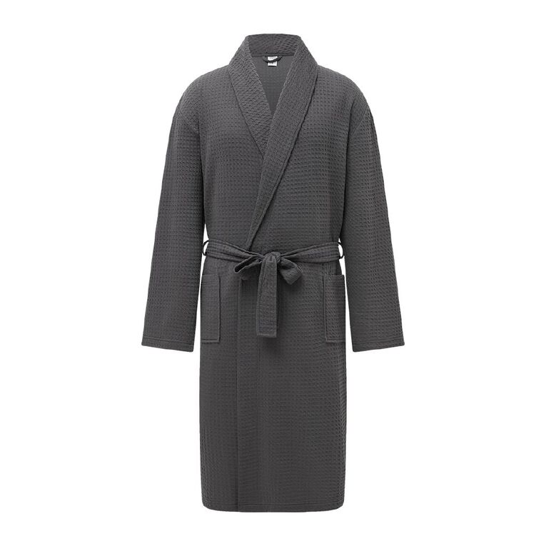 H&H Men's Waffle Robe, Grey Dark, hi-res
