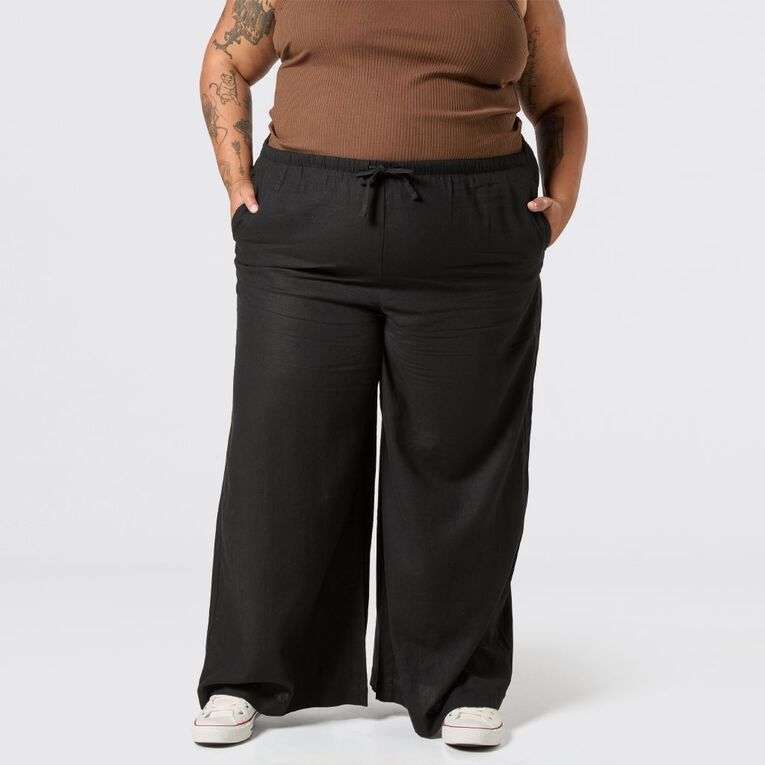 H&H Curve Women's Linen Blend Wide Leg Pants, Black, hi-res