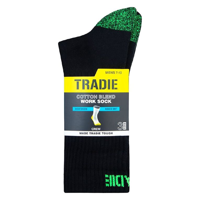 Tradie Men's Ribbed Crew Socks 3 Pack, Black, hi-res