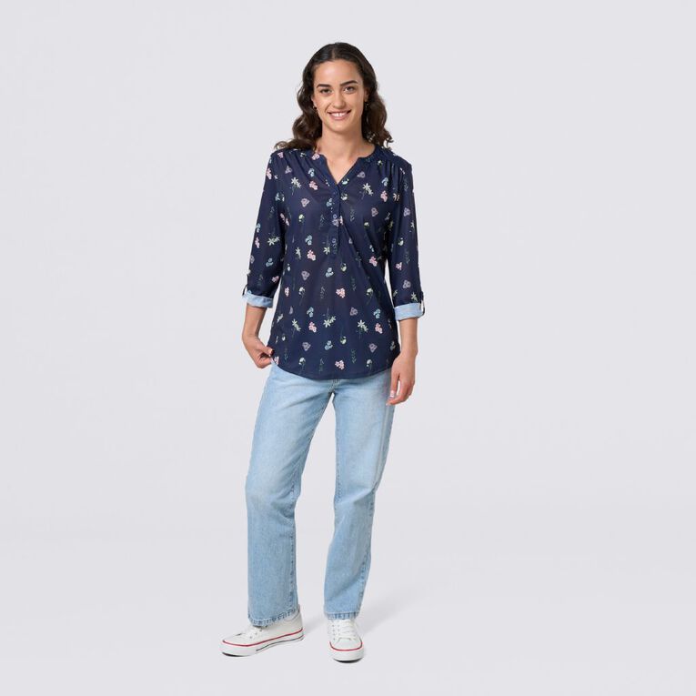 H&H Women's 3/4 Sleeve Amber Rixon Henley Top, Navy, hi-res