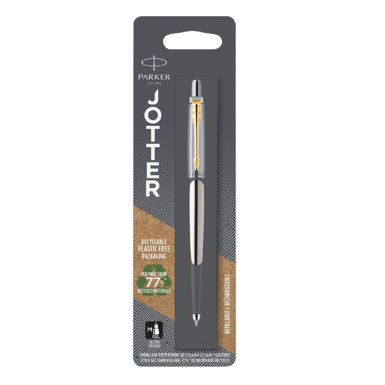 Parker Jotter Silver Gold Trim Gel Pen 0.7mm Black, , hi-res