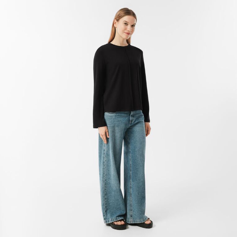 H&H Women's Long Sleeve Ponte Seam Detail Top, Black, hi-res
