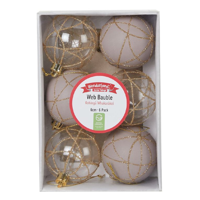 Wonderland Joyful Tidings Clear/Pink Web Christmas Baubles 6 Pack, , hi-res