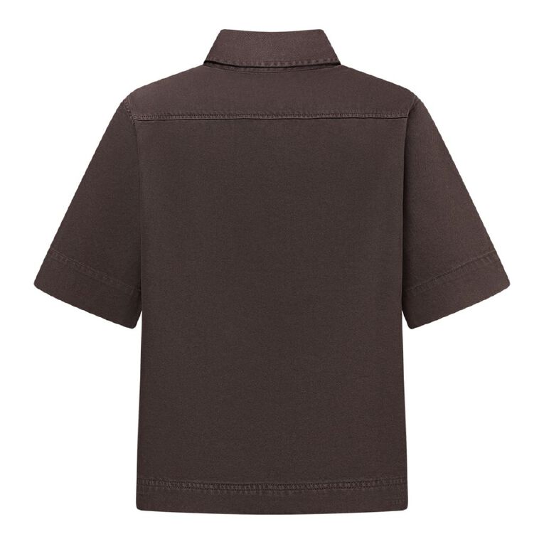 H&H Women's Short Sleeve Denim Patch Pocket Shirt, Brown, hi-res