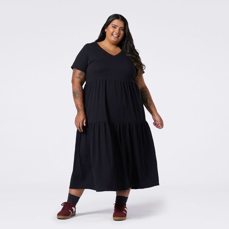 H&H Curve Women's Short Sleeve Slub Tier Midi Dress, Black, hi-res