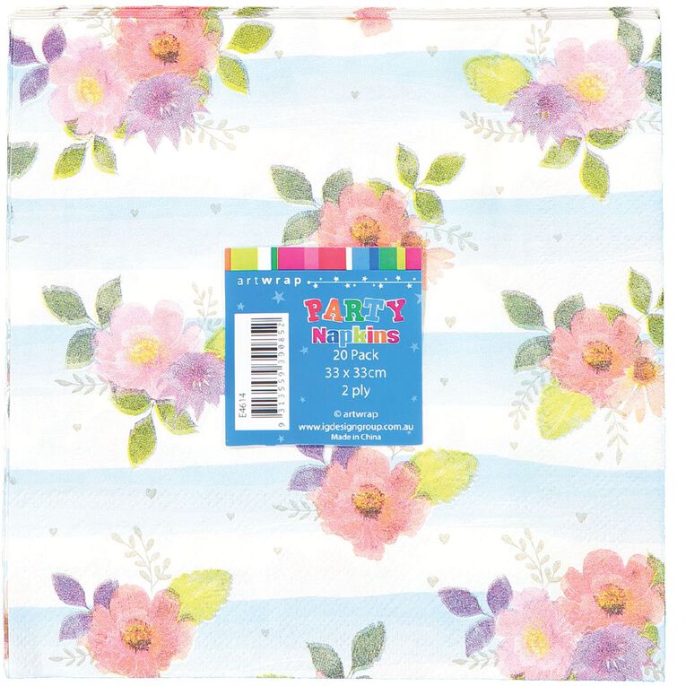 Artwrap Printed Napkins Floral Stripes 2-ply 33cm x 33cm 20 Pack, , hi-res