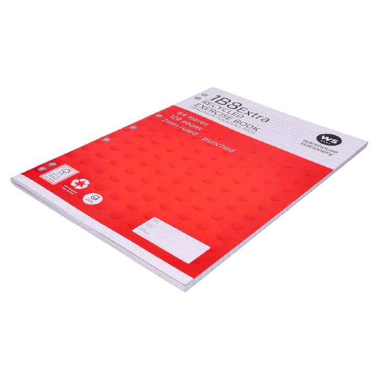 WS Exercise Book 1B8 Extra WA4 7mm Ruled 64 Leaf Punched Red, , hi-res