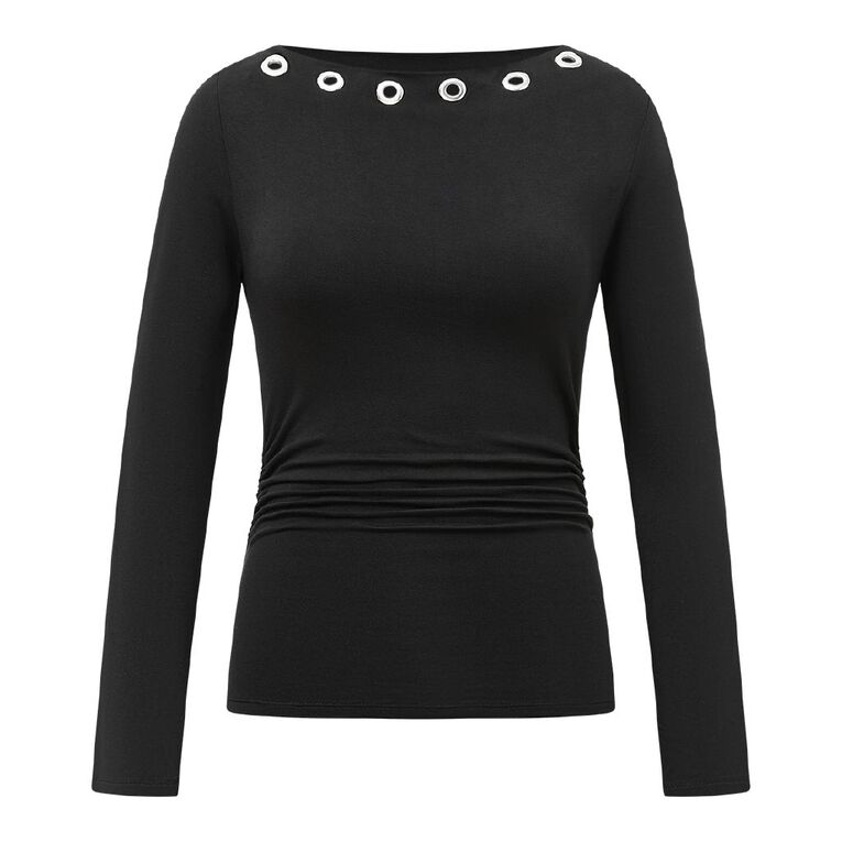 H&H Women's Long Sleeve Large Eyelet Ruched Top, Black, hi-res