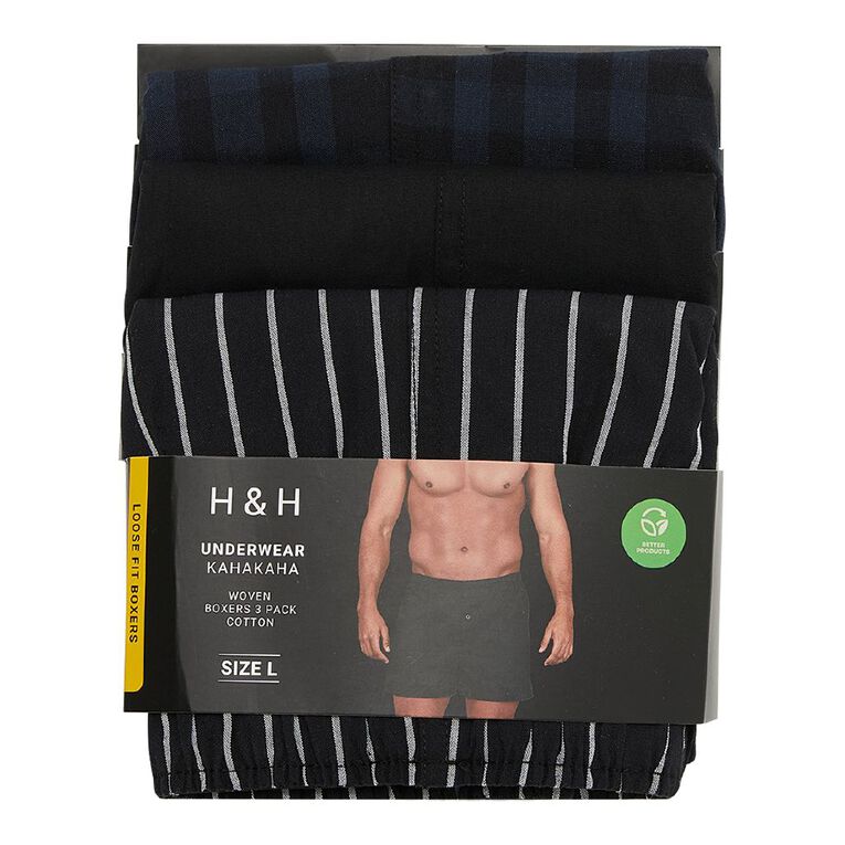 H&H Men's Woven Boxers 3 Pack, Black, hi-res