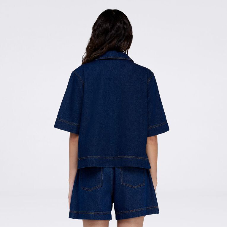 H&H Women's Short Sleeve Denim Popover Top, Denim, hi-res