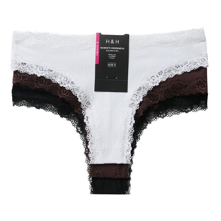 H&H Women's Rib And Lace G-strings 3 Pack, Black, hi-res