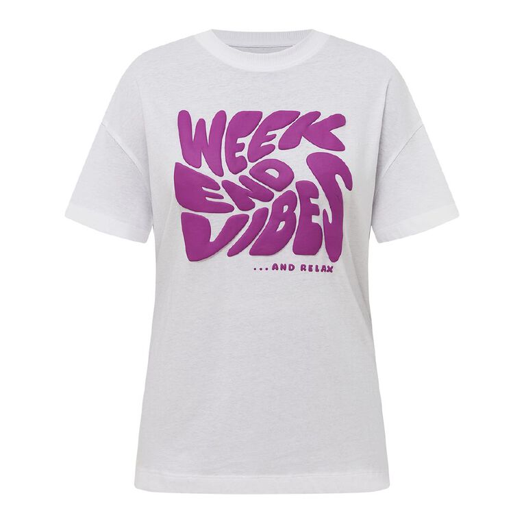 H&H Women's Short Sleeve Weekend Vibes Relaxed Tee, White, hi-res