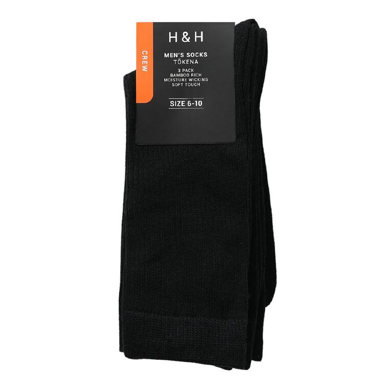 H&H Men's Bamboo Mixed Crew Socks 3 Pack, Black RIBBED, hi-res