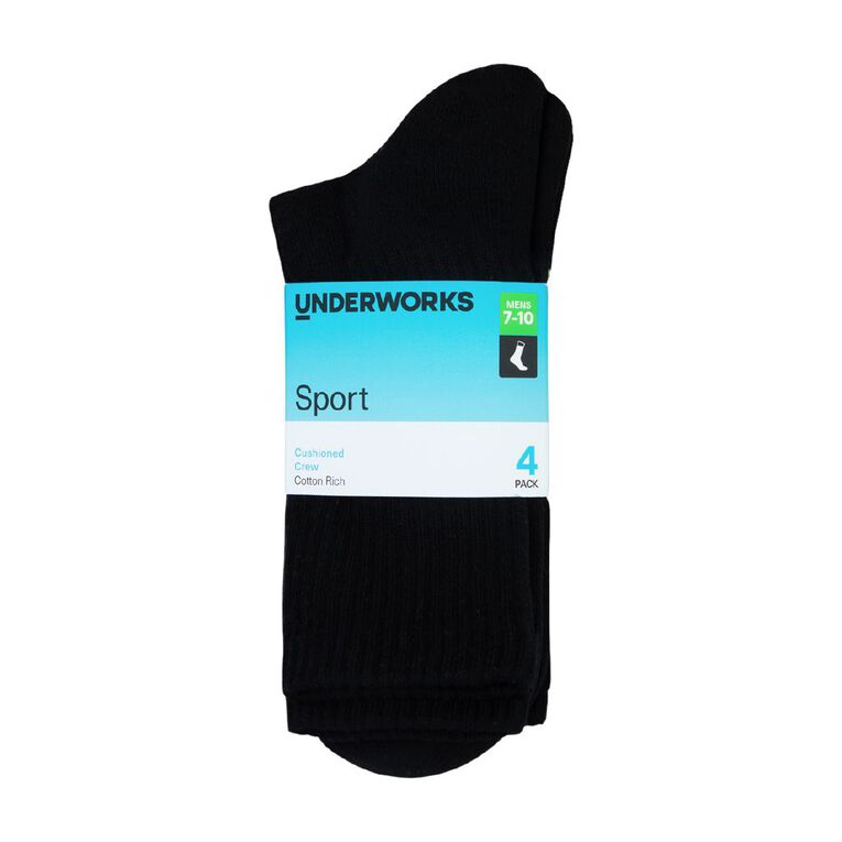 Underworks Men's Crew Sport Socks 4 Pack, Black, hi-res