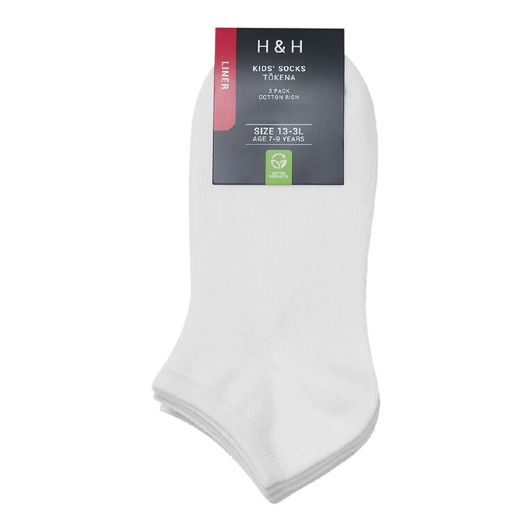 H&H Kids' Plain Liner Socks 5 Pack, White, hi-res