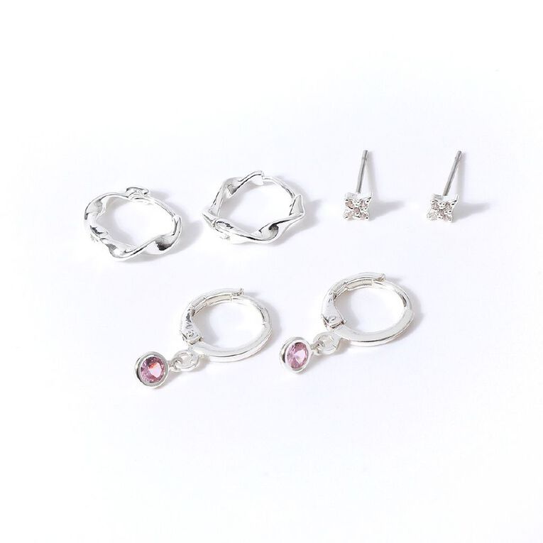 Silver Plated CZ Earrings 3 Pairs, , hi-res