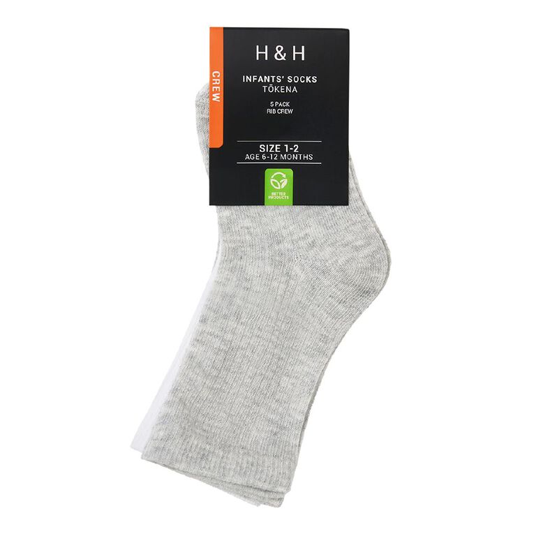 H&H Infants' Rib Crew Socks 5 Pack, White, hi-res