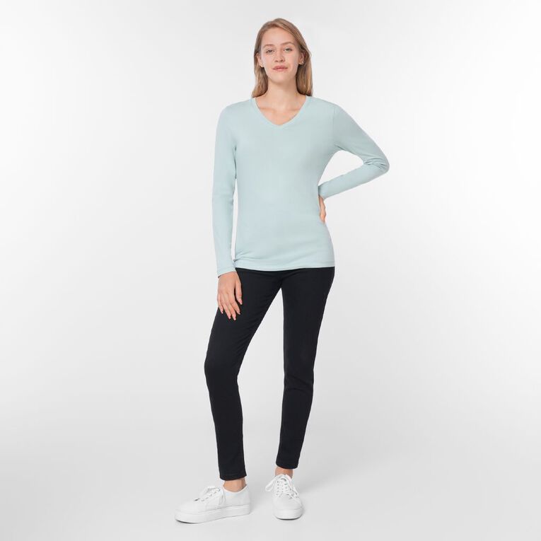 H&H Women's Stretch Cotton Long Sleeve V Neck, Blue Light, hi-res