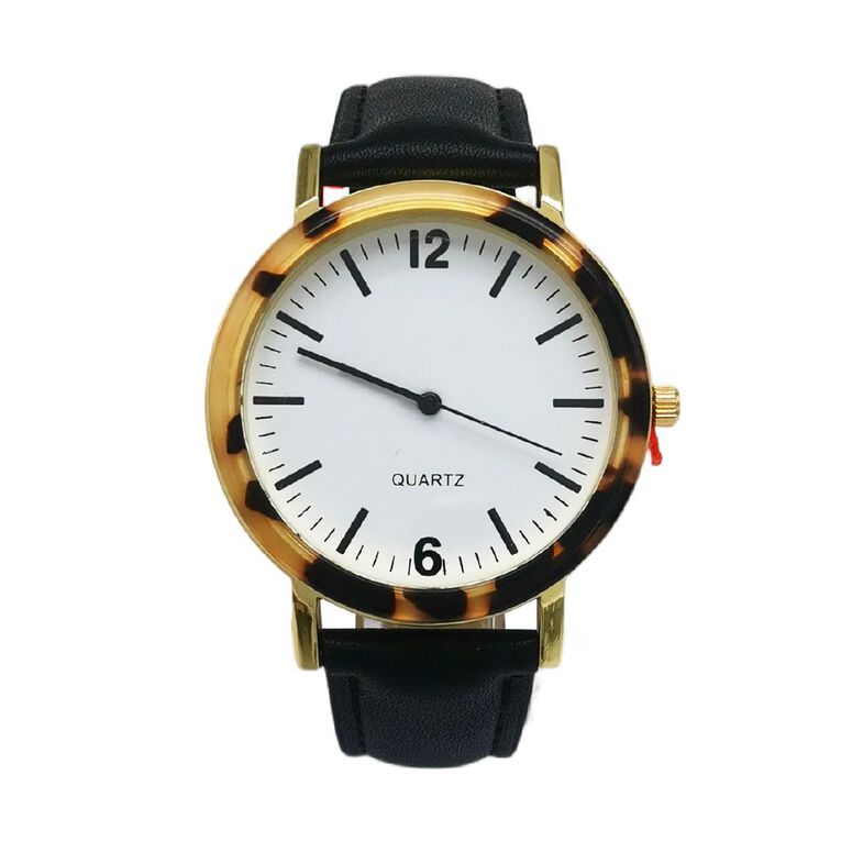 Women's Analogue Tortoise Black Strap Watch, , hi-res