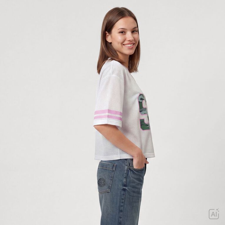Garage Women's Short Sleeve Cropped Mesh Sport Tee, White, hi-res