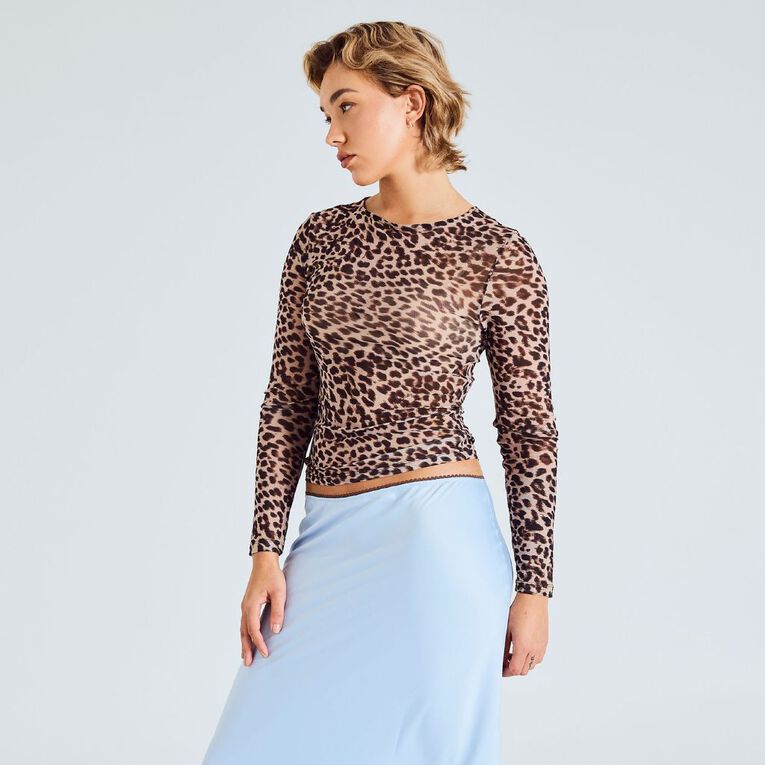 BRDRLESS Mila Long Sleeve Mesh Tee, Brown, hi-res