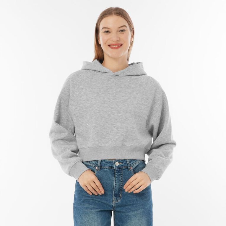 Garage Women's Cropped Diamante Studded Hoodie, Grey Marle, hi-res