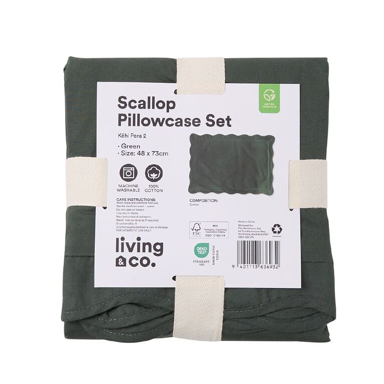 Living & Co 100% Cotton Scallop 2 Pack Pillowcase Green 48cm x 73cm, , hi-res