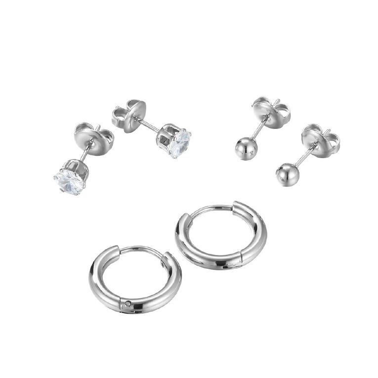 Waterproof Premium Ball CZ Sleeper Earrings 3 Pairs, , hi-res