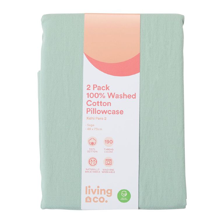 Living & Co 100% Washed Cotton 2 Pack Pillowcase Sage 48cm x 73cm, Sage, hi-res