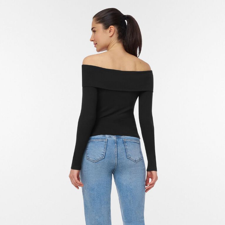H&H Women's Long Sleeve Rib Bardot Top, Black, hi-res