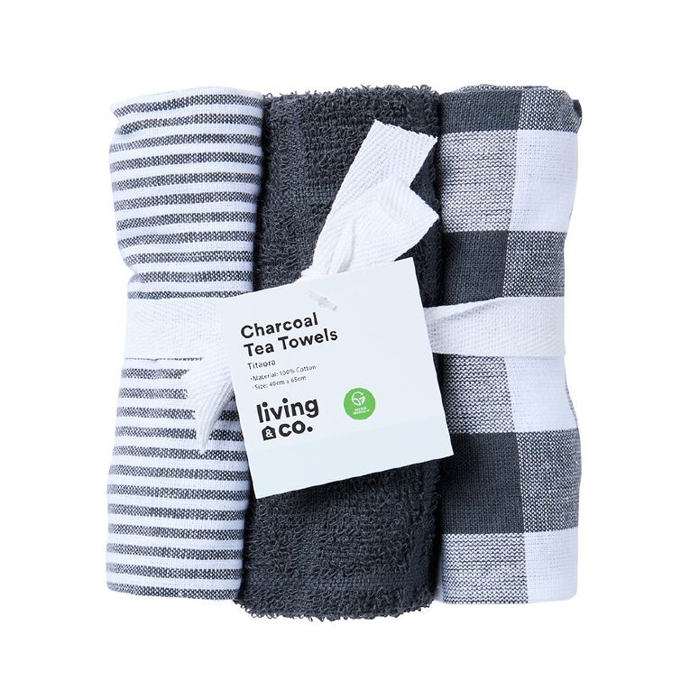 Living & Co Multi Pack Tea Towels Charcoal 3 Pack, , hi-res