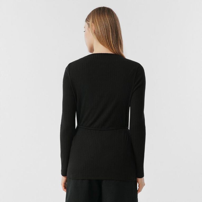 H&H Women's Long Sleeve Ribbed Tie Waist Top, Black, hi-res