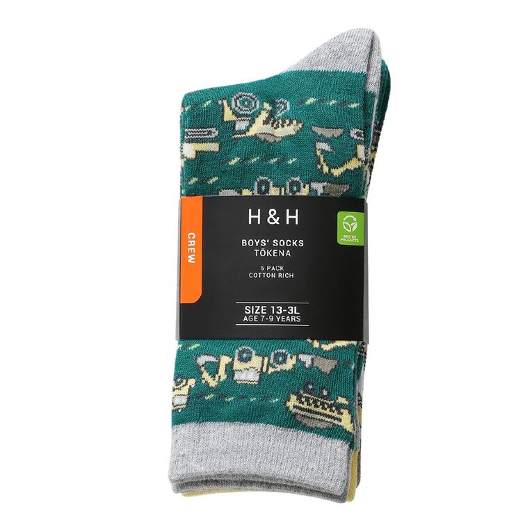 H&H Boys' Crew Jacquard Socks 5 Pack, Green Mid, hi-res