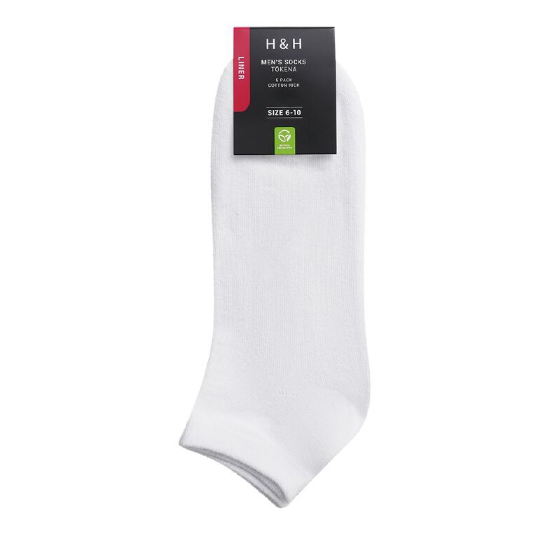H&H Men's Liner Plain Socks 5 Pack, White, hi-res