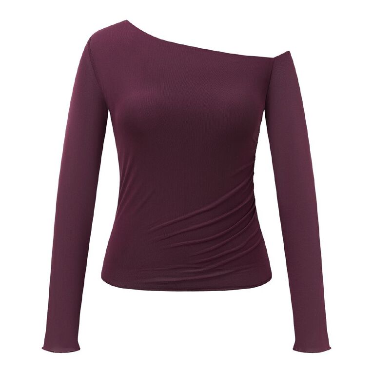 H&H Women's Long Sleeve Mesh Ruched Asymmetric Top, Red Dark, hi-res