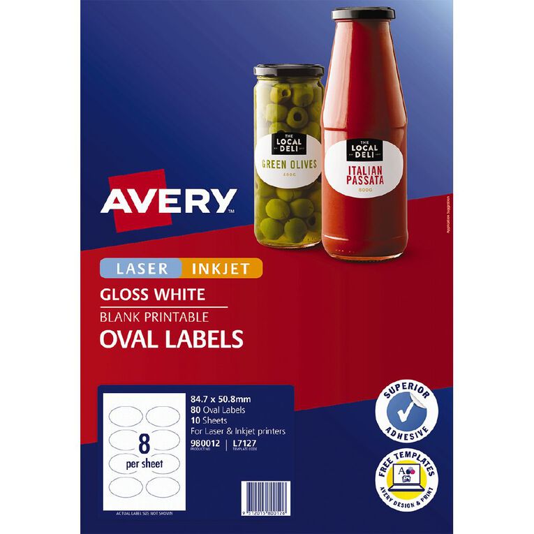Avery Gloss Oval 80 Labels 84.7mm x 50.8mm, , hi-res