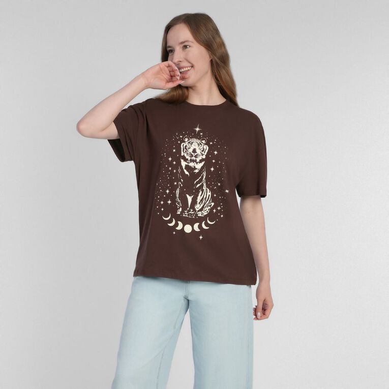 H&H Women's Short Sleeve Boyfriend Graphic Tee, Brown Dark, hi-res