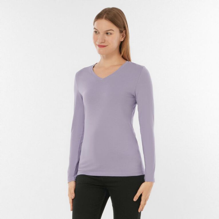 H&H Essentials Women's Stretch Cotton Long Sleeve V Neck, Purple Light, hi-res