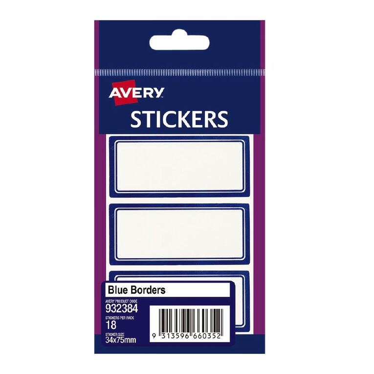 Avery White Rectangle Stickers Blue Border 75mm x34mm 18 Labels, , hi-res