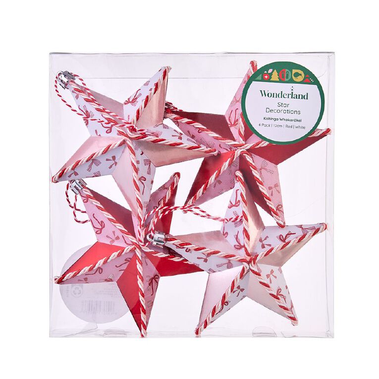 Wonderland Tree Decoration Stars 4 Pack Red/White 12cm, , hi-res