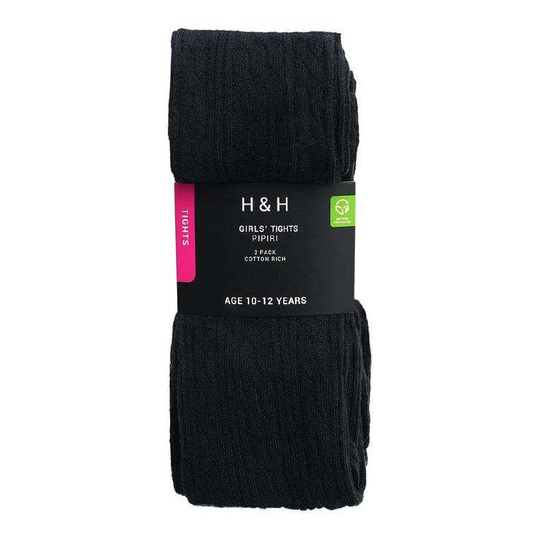 H&H Girls' Cable Tights 2 Pack, Black, hi-res