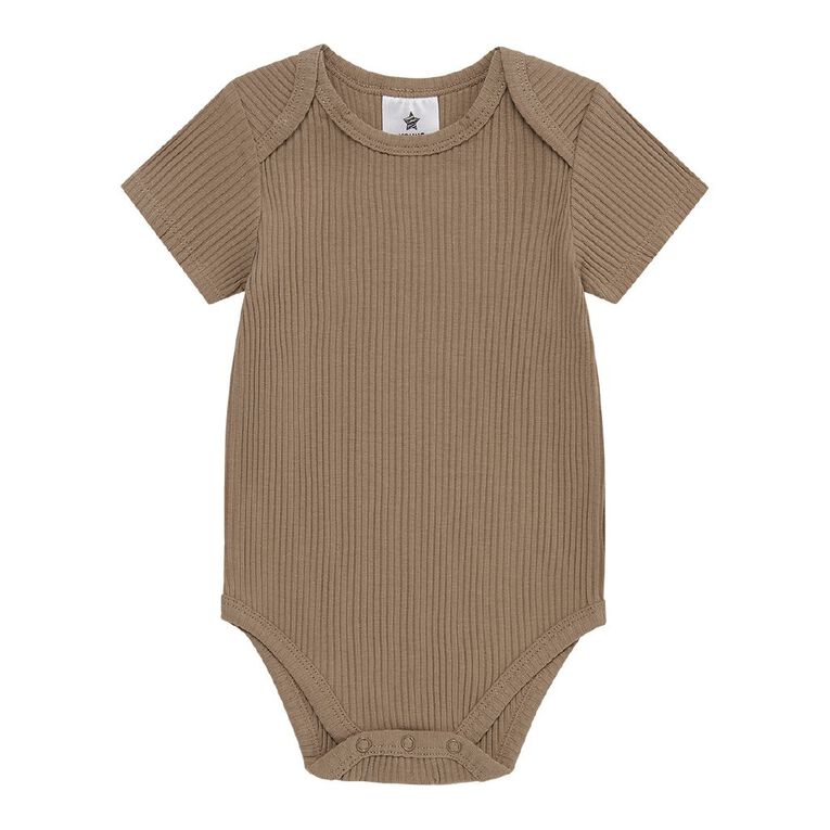 Young Original Babies' Short Sleeve Rib Bodysuit 3 Pack, Brown Light, hi-res