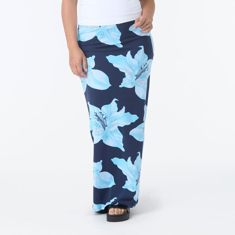 H&H Women's Contour Printed Maxi Skirt, Blue Dark, hi-res